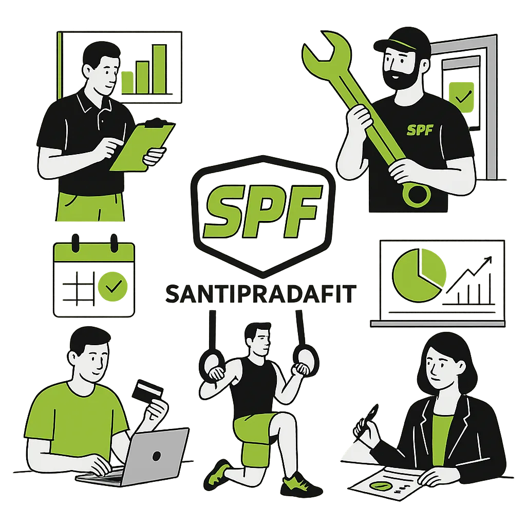 Ilustración vectorial de SantipradaFit SPF que representa cinco servicios: gestión, mantenimiento, reservas, actividades deportivas y consultoría, con el logo verde y negro en el centro