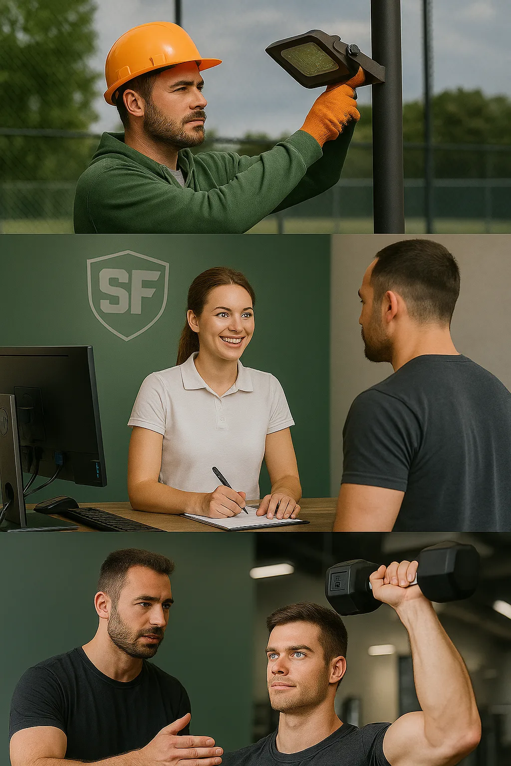 Collage fotográfico de SantipradaFit que muestra la gestión de instalaciones deportivas: técnico realizando mantenimiento de iluminación, recepcionista atendiendo a un cliente y entrenador guiando a un deportista en el gimnasio