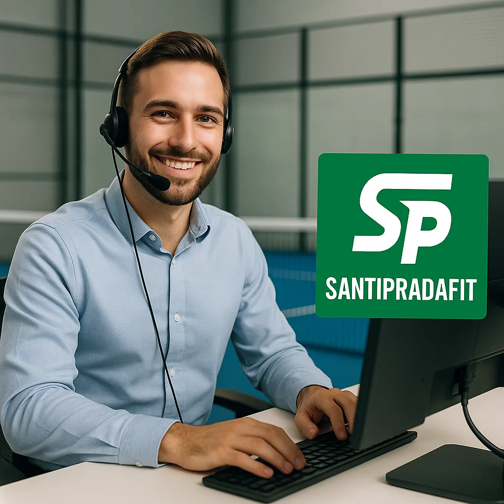 Representante de atención al cliente de SantipradaFit con auriculares trabajando en un ordenador frente a una pista deportiva interior, simbolizando el servicio de contacto y soporte profesional